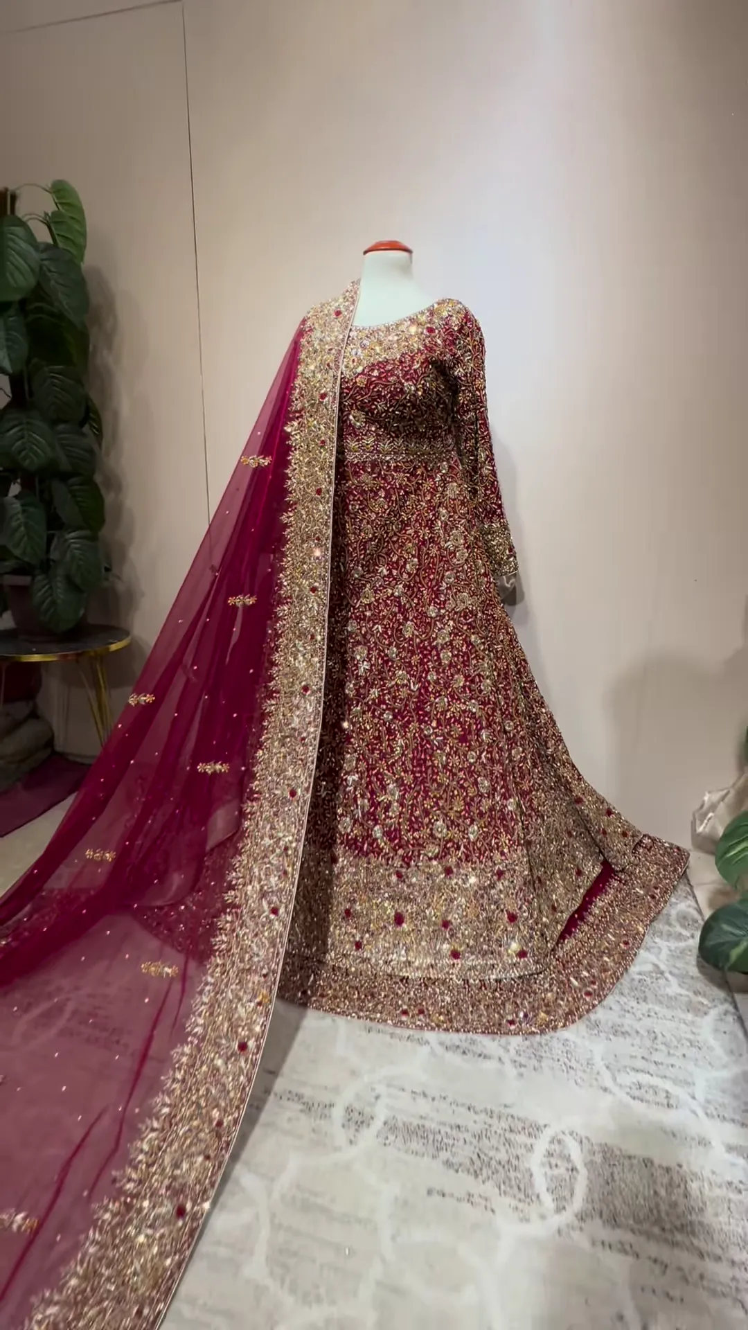 Pakistani Bridal Dress in Pishwas and Red Lehenga Style