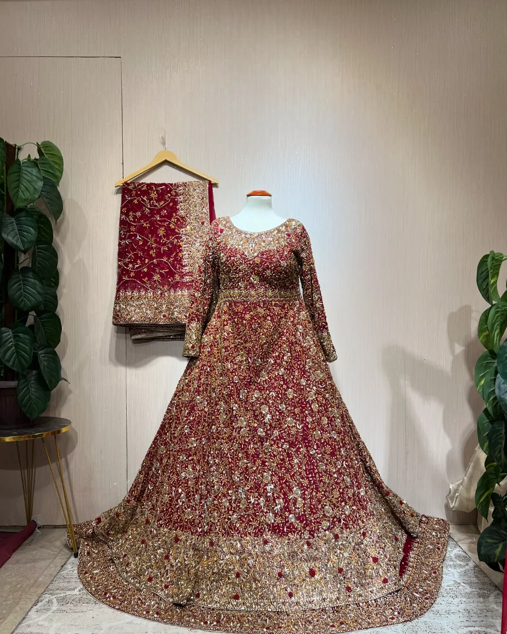 Pakistani Bridal Dress in Pishwas and Red Lehenga Style