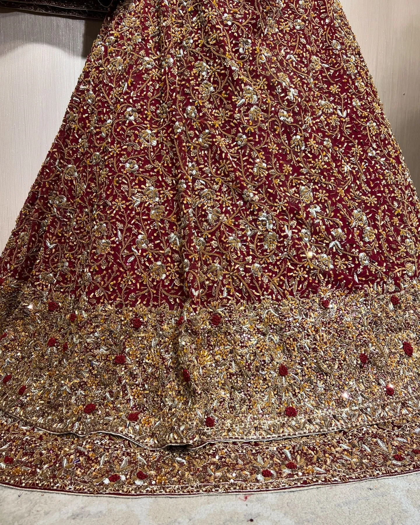 Pakistani Bridal Dress in Pishwas and Red Lehenga Style