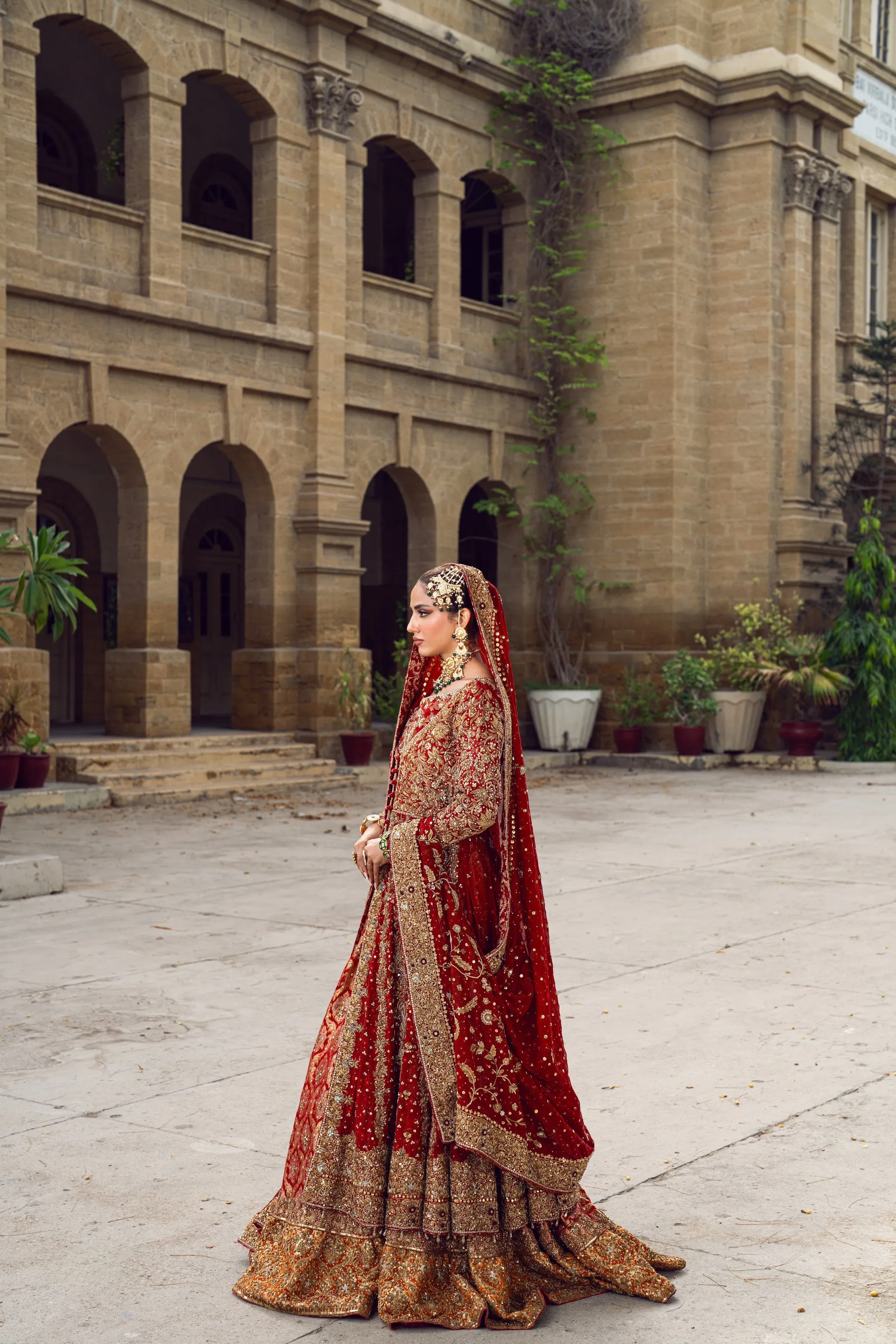 Pakistani Bridal Dress in Red Open Gown Lehenga Style