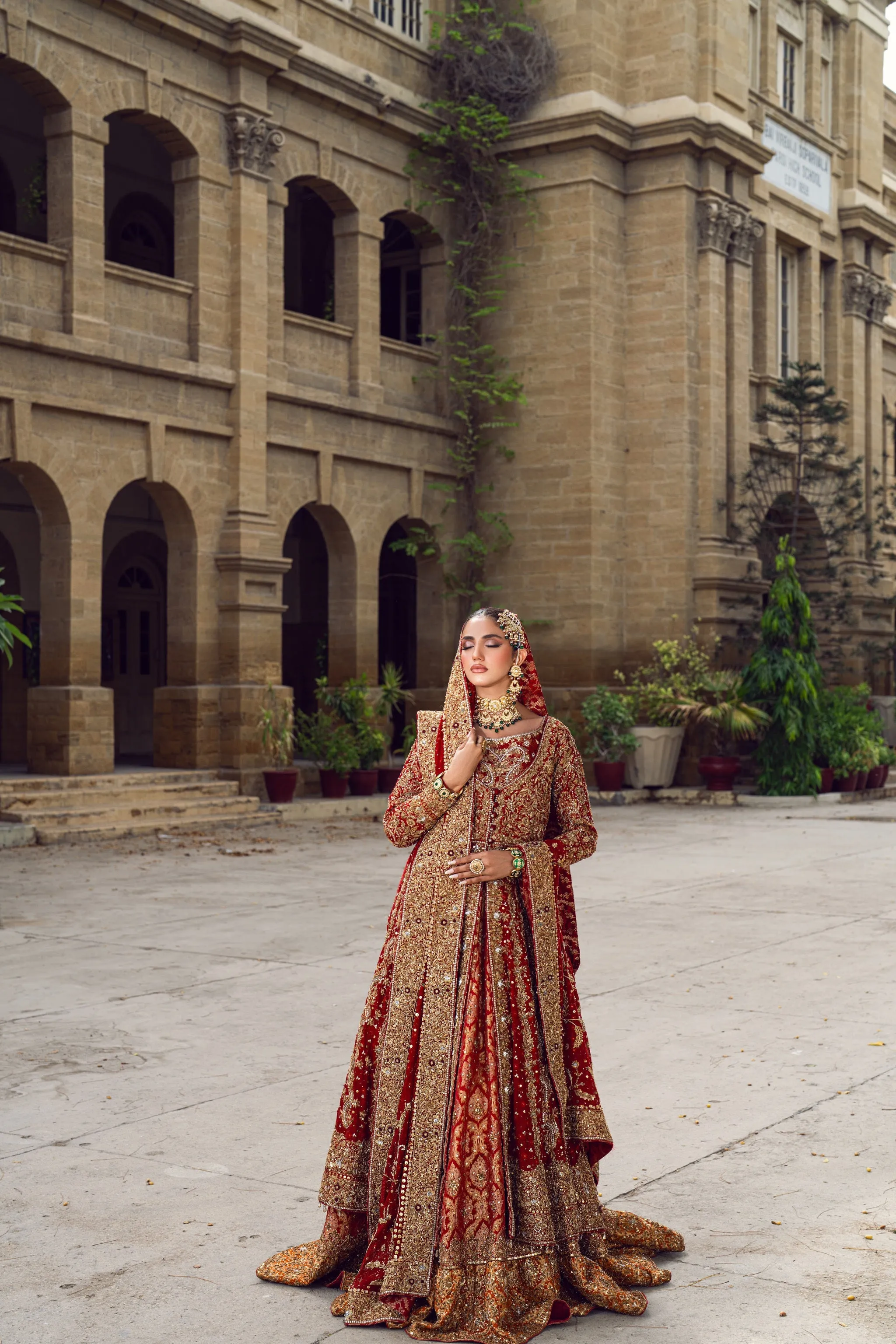 Pakistani Bridal Dress in Red Open Gown Lehenga Style