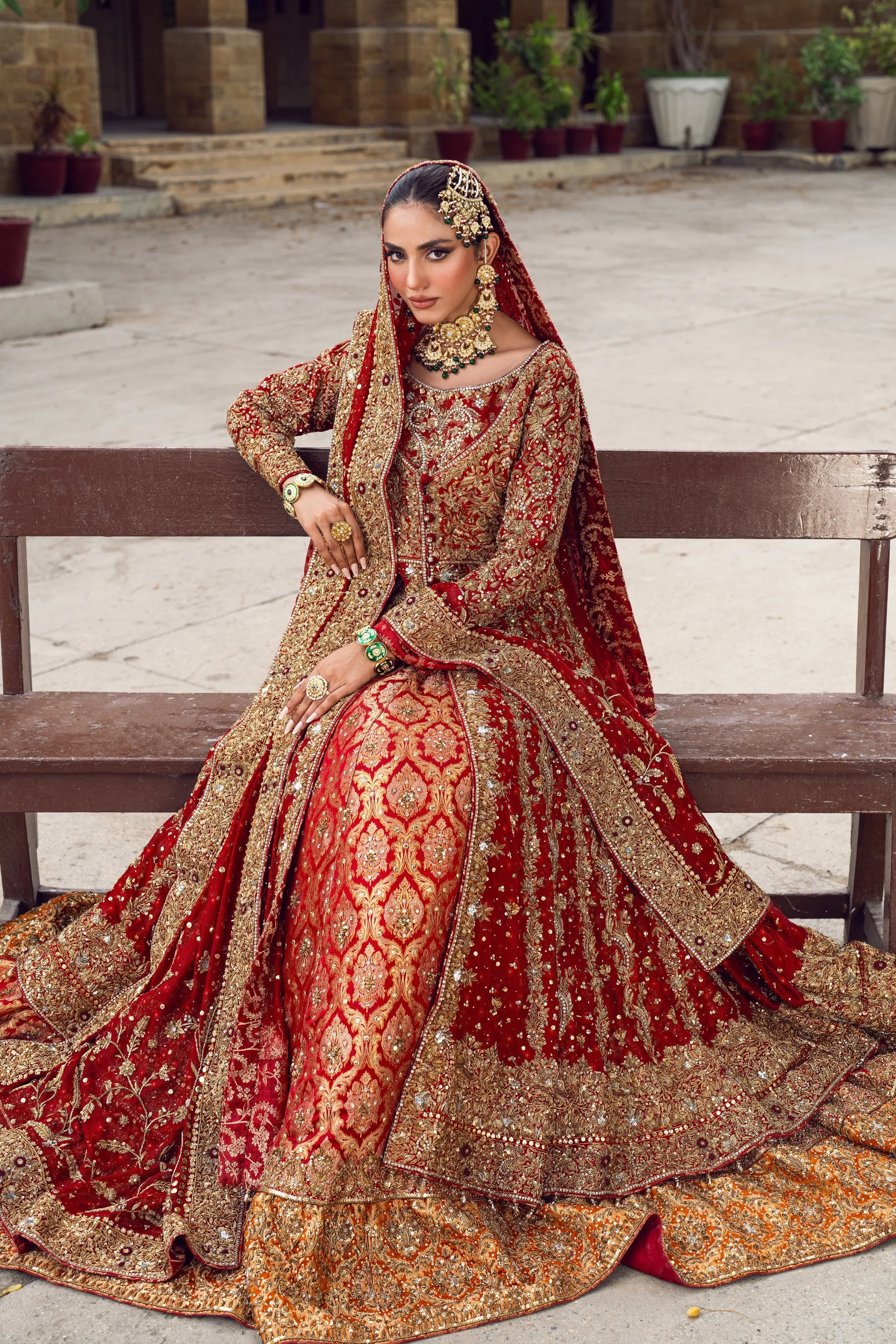 Pakistani Bridal Dress in Red Open Gown Lehenga Style