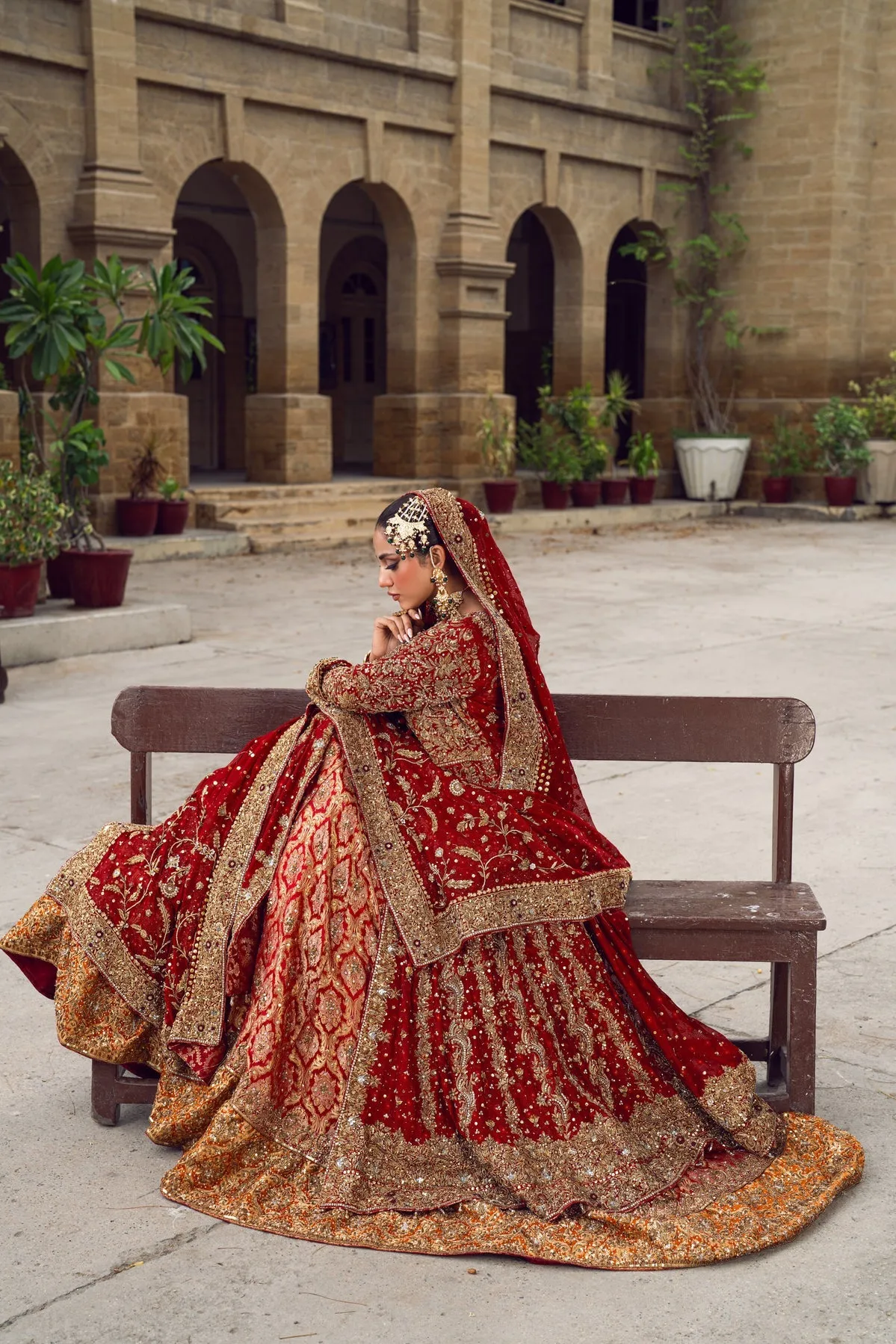 Pakistani Bridal Dress in Red Open Gown Lehenga Style