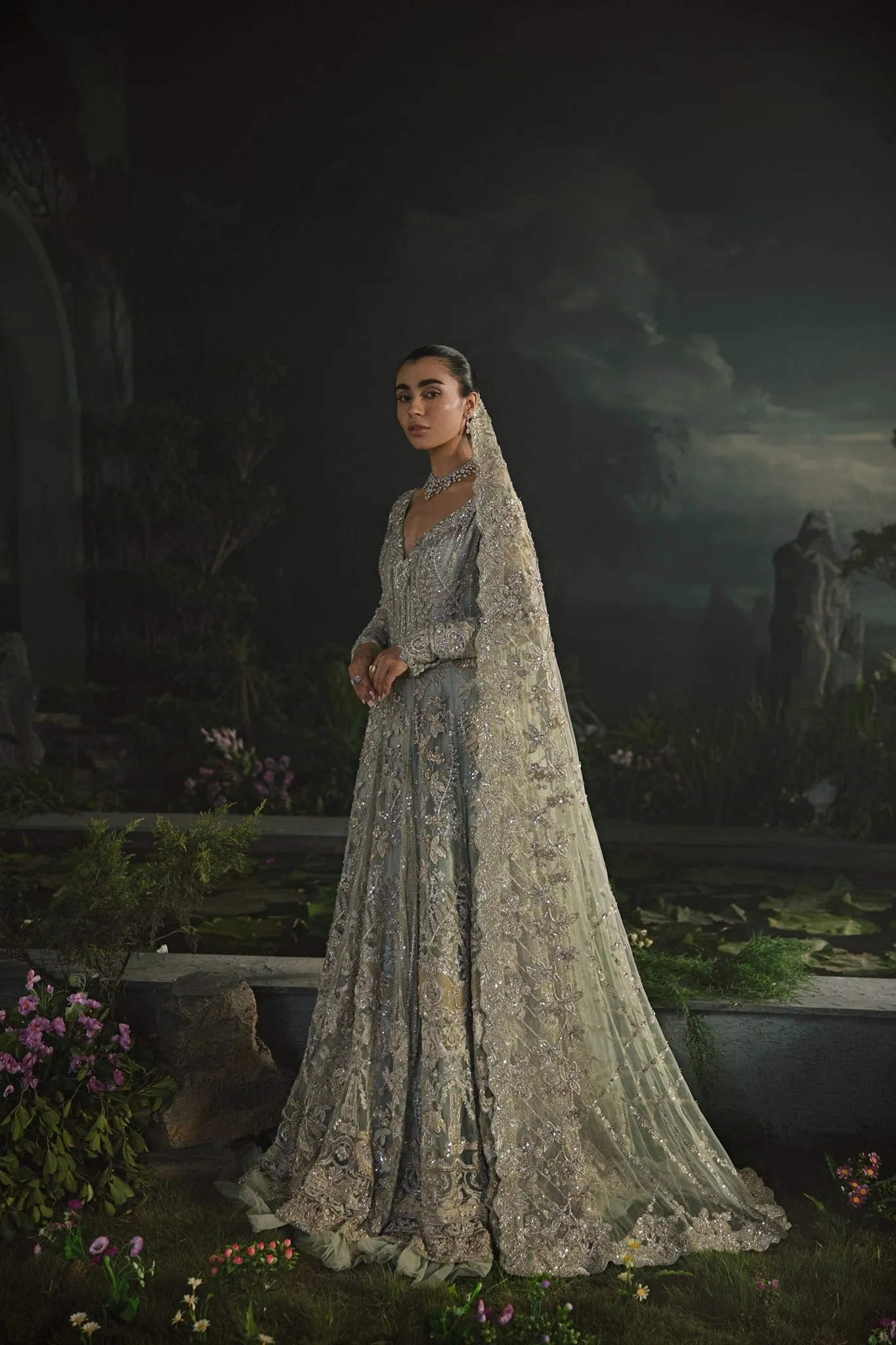 Pakistani Bridal Lehenga Designs in Embellished Heavy Hand Needle Work for Bridal Wear in White Lehenga Skirt Long Gown #BN947