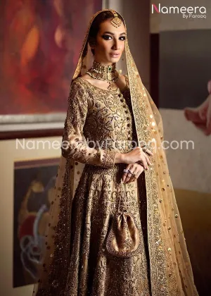 Pakistani Embroidered Golden Bridal Dress In Gown style
