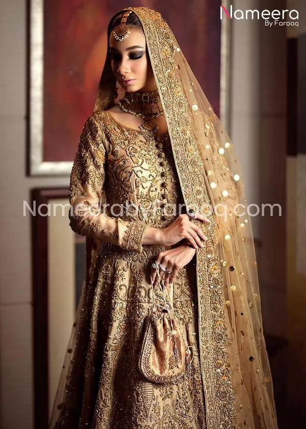 Pakistani Embroidered Golden Bridal Dress In Gown style