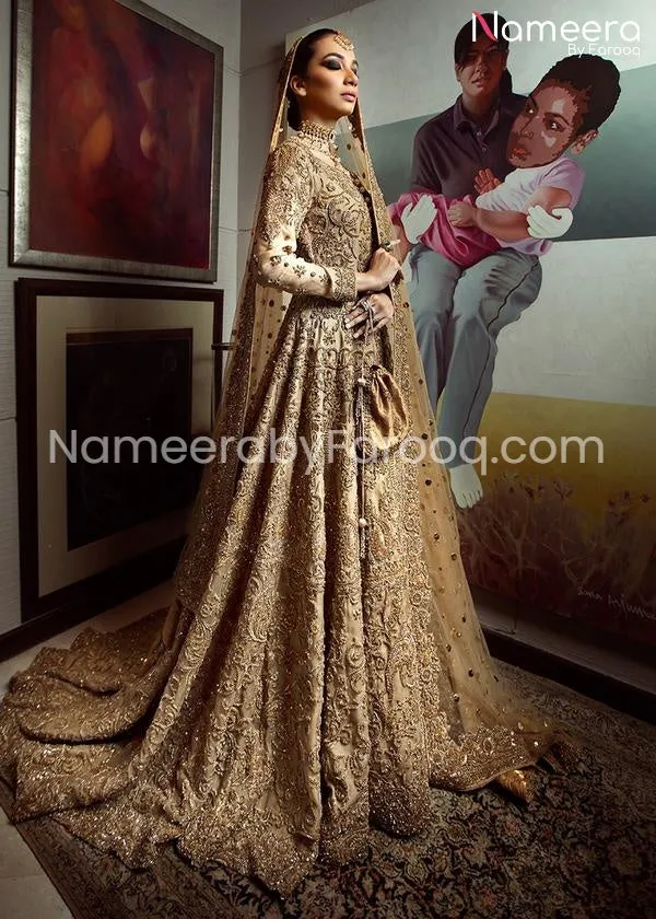 Pakistani Embroidered Golden Bridal Dress In Gown style