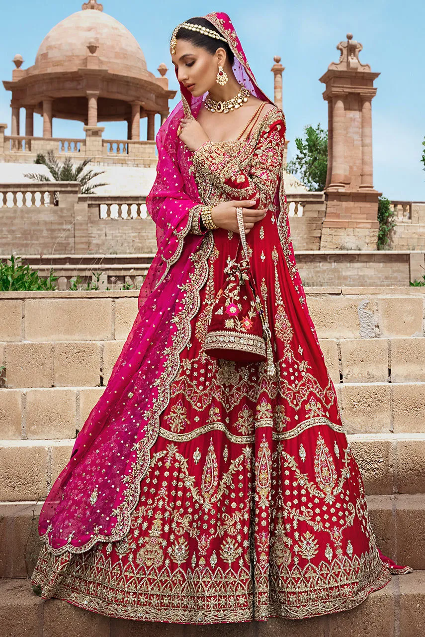 Pakistani Red Dress in Raw Silk Gown Style for Bride