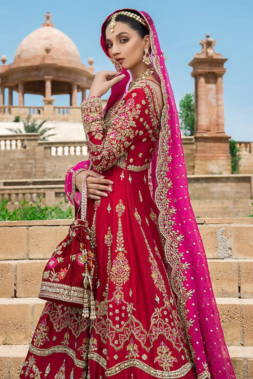 Pakistani Red Dress in Raw Silk Gown Style for Bride