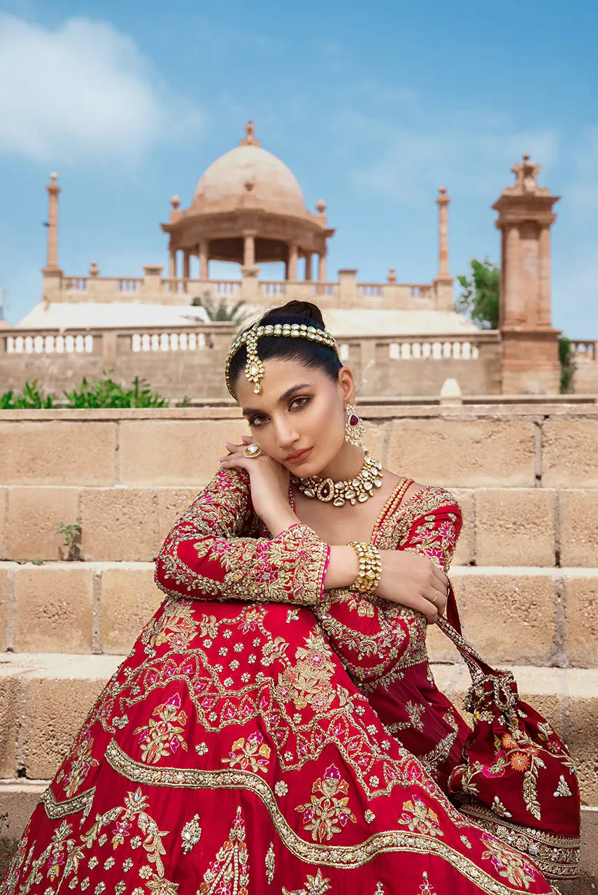 Pakistani Red Dress in Raw Silk Gown Style for Bride