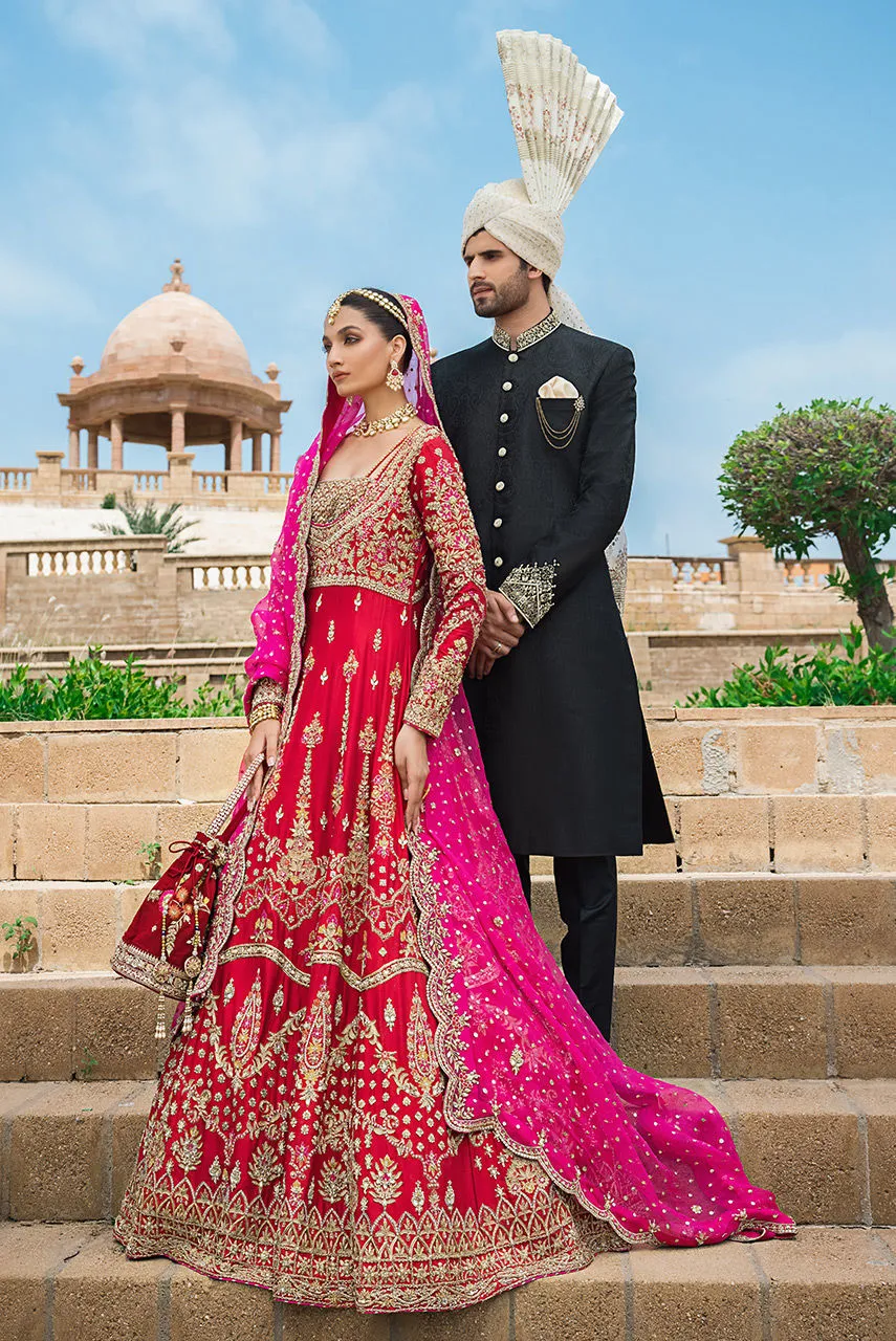 Pakistani Red Dress in Raw Silk Gown Style for Bride