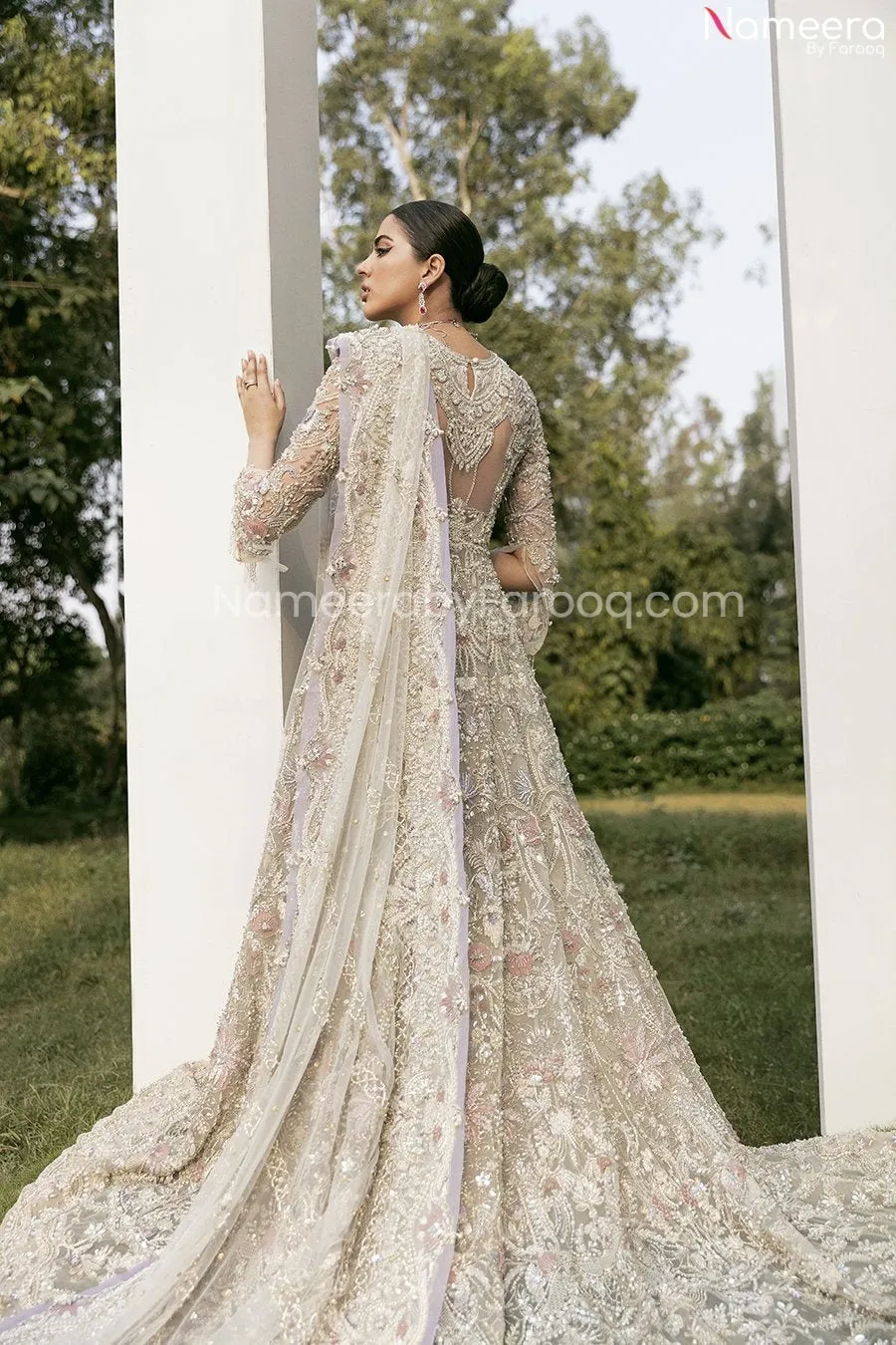 Pakistani Silver Bridal Lehenga in Gown Style #BN992