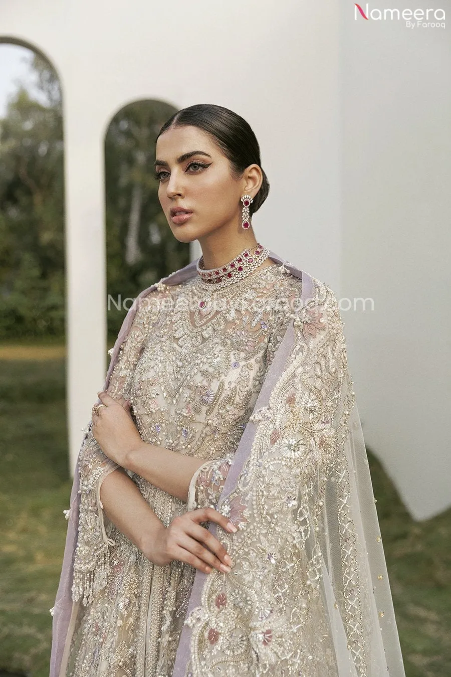 Pakistani Silver Bridal Lehenga in Gown Style #BN992
