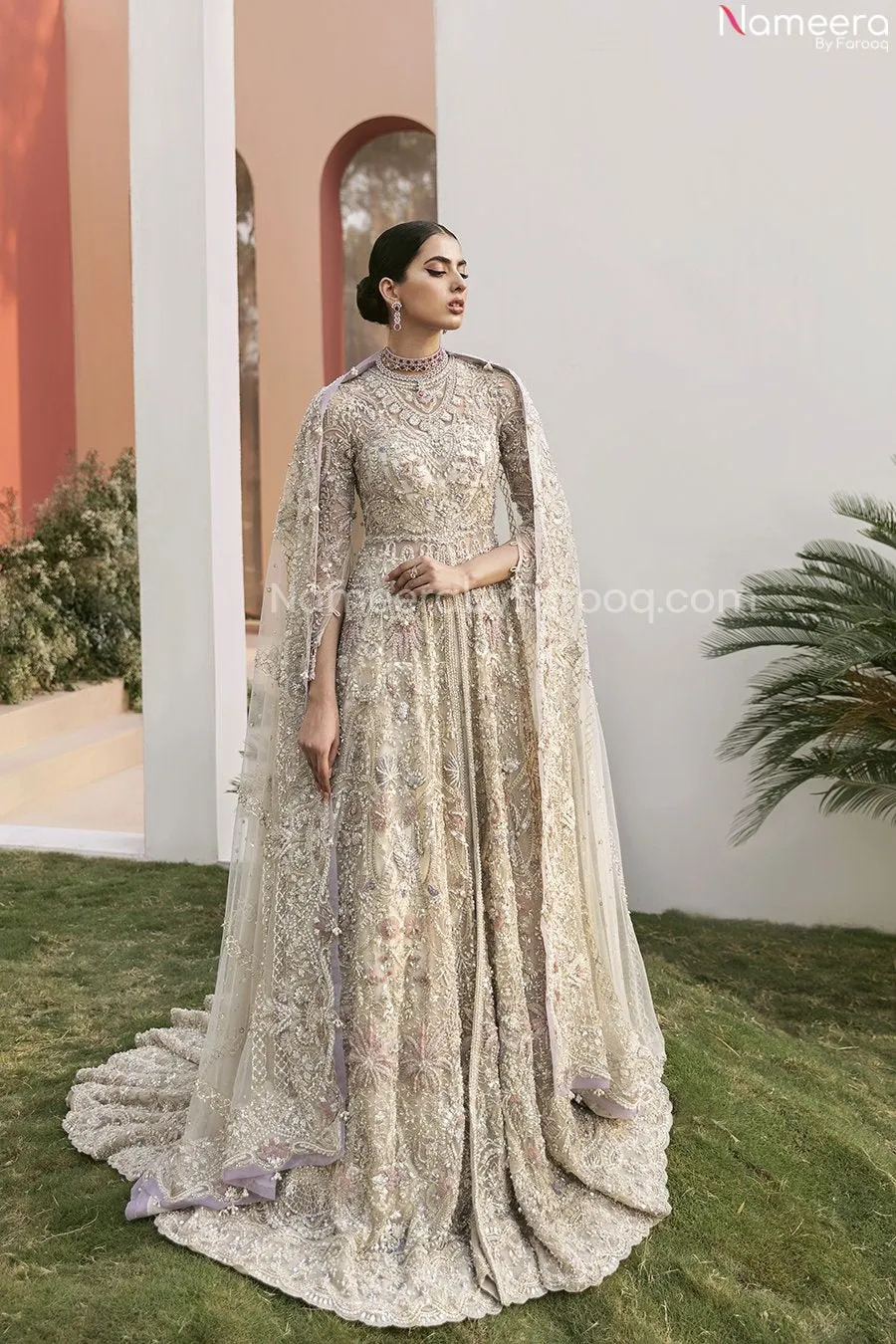 Pakistani Silver Bridal Lehenga in Gown Style #BN992