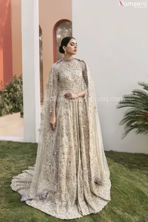 Pakistani Silver Bridal Lehenga in Gown Style #BN992