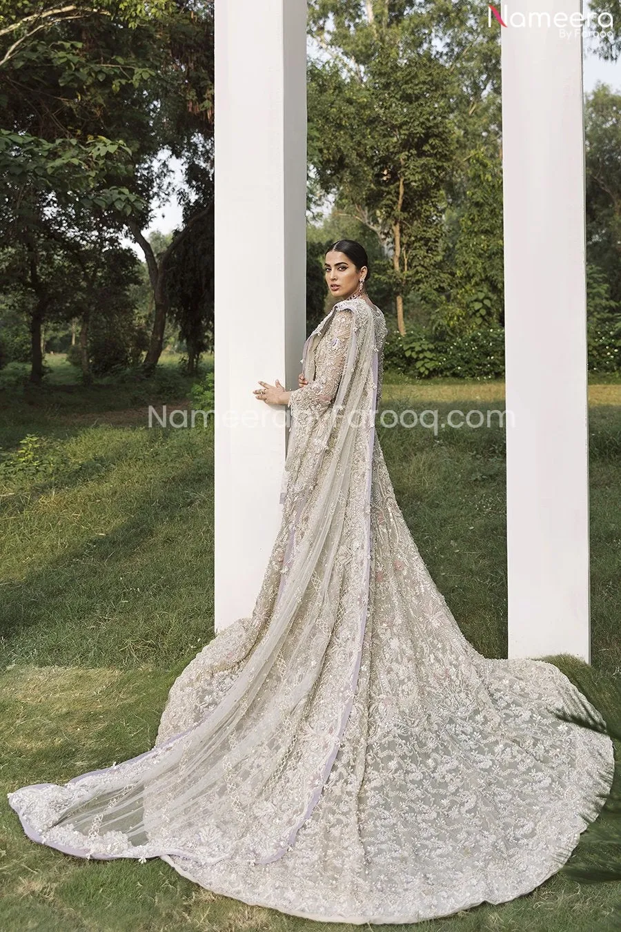 Pakistani Silver Bridal Lehenga in Gown Style #BN992