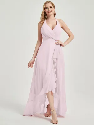 Pale Rose Halter Backless High Low Chiffon Bridesmaid Dress With Pocket