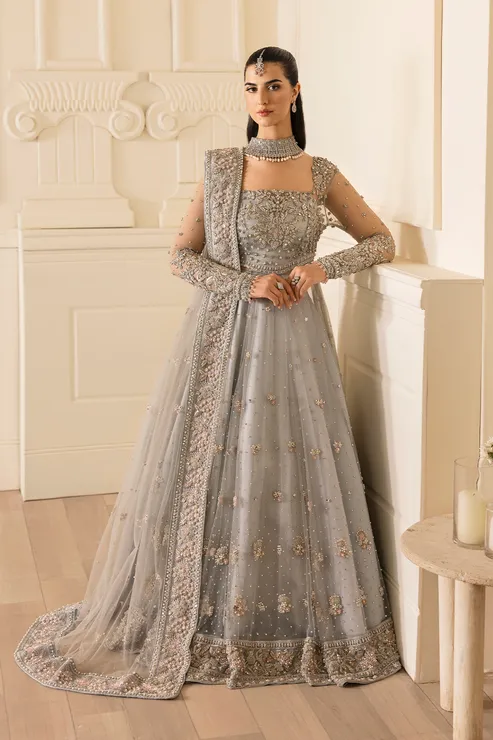 Pastel Blue Pakistani Bridal Dress in Gown Lehnga Style