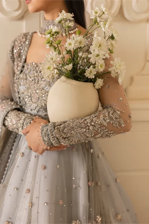 Pastel Blue Pakistani Bridal Dress in Gown Lehnga Style