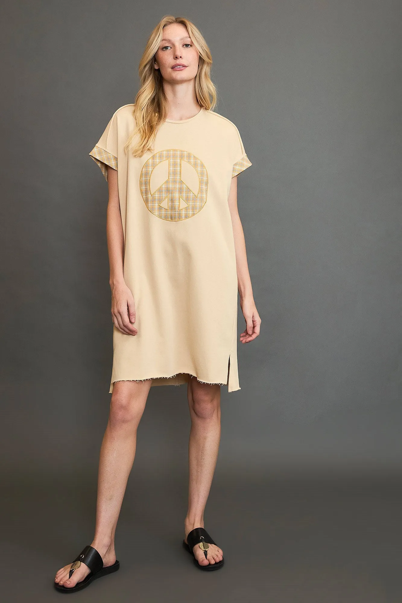 Pastel Peace Plaid Applique Short Sleeve Mini Dress