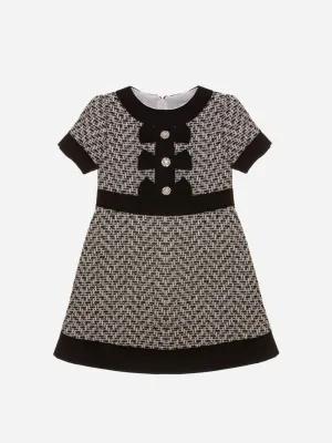 Patachou - Tweed Velvet Bow Dress w Crystal Buttons - Black Ivory