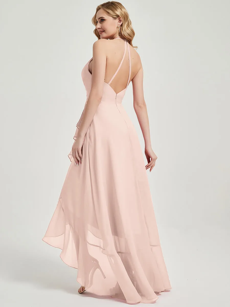 Pearl Pink Backless High Low Chiffon Maxi Bridesmaid Dress With Pocket