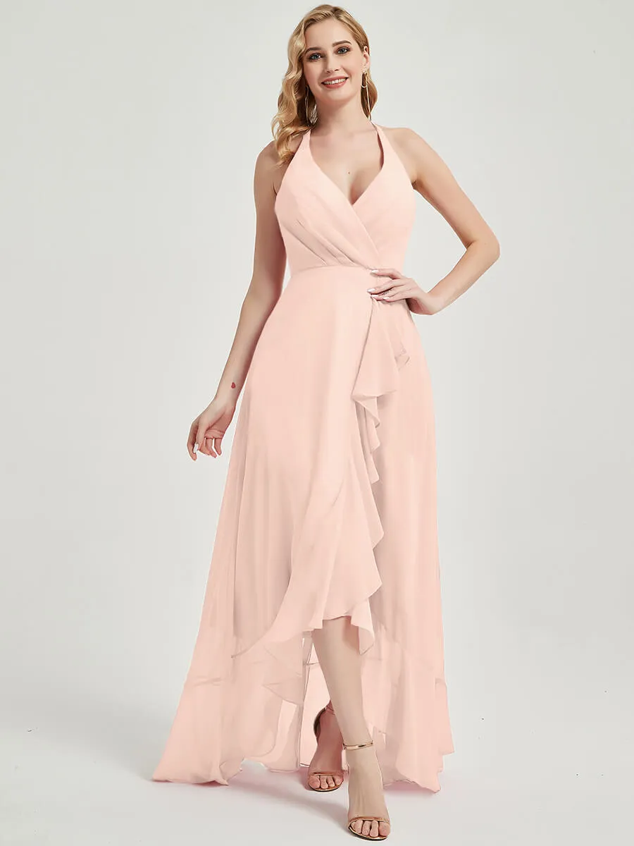 Pearl Pink Backless High Low Chiffon Maxi Bridesmaid Dress With Pocket