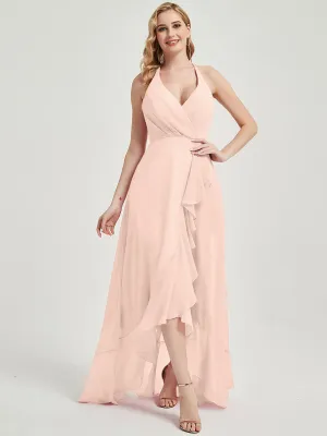 Pearl Pink Backless High Low Chiffon Maxi Bridesmaid Dress With Pocket