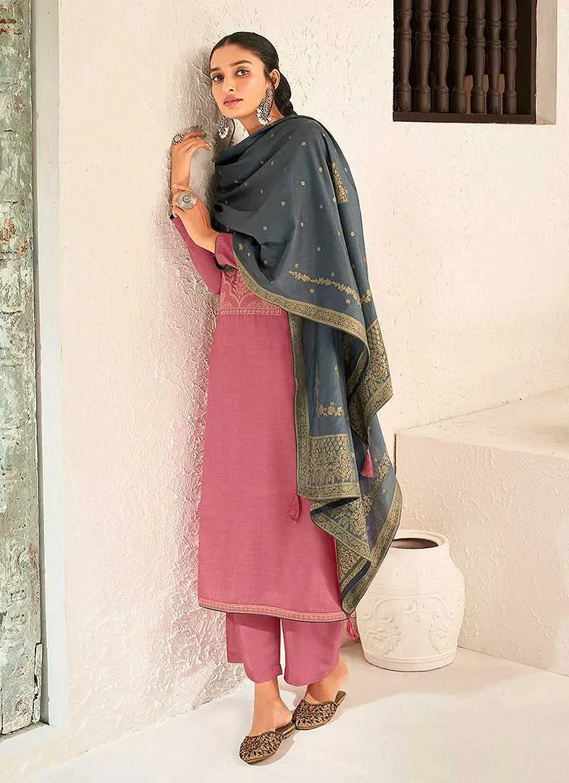 Pink and Grey Splendid Embroidered Pant Style Suit