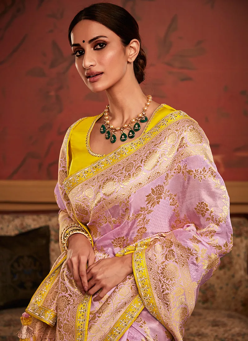 Pink And Yellow Weaved Pure Dola Silk Saree
