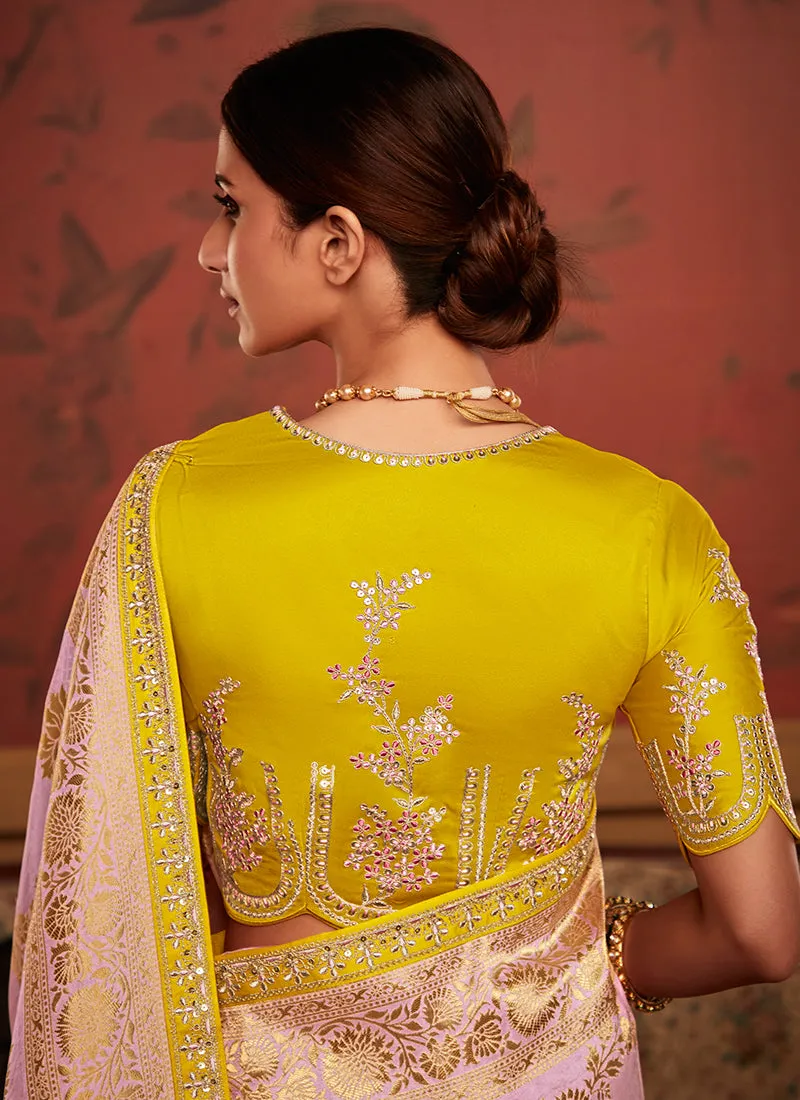 Pink And Yellow Weaved Pure Dola Silk Saree