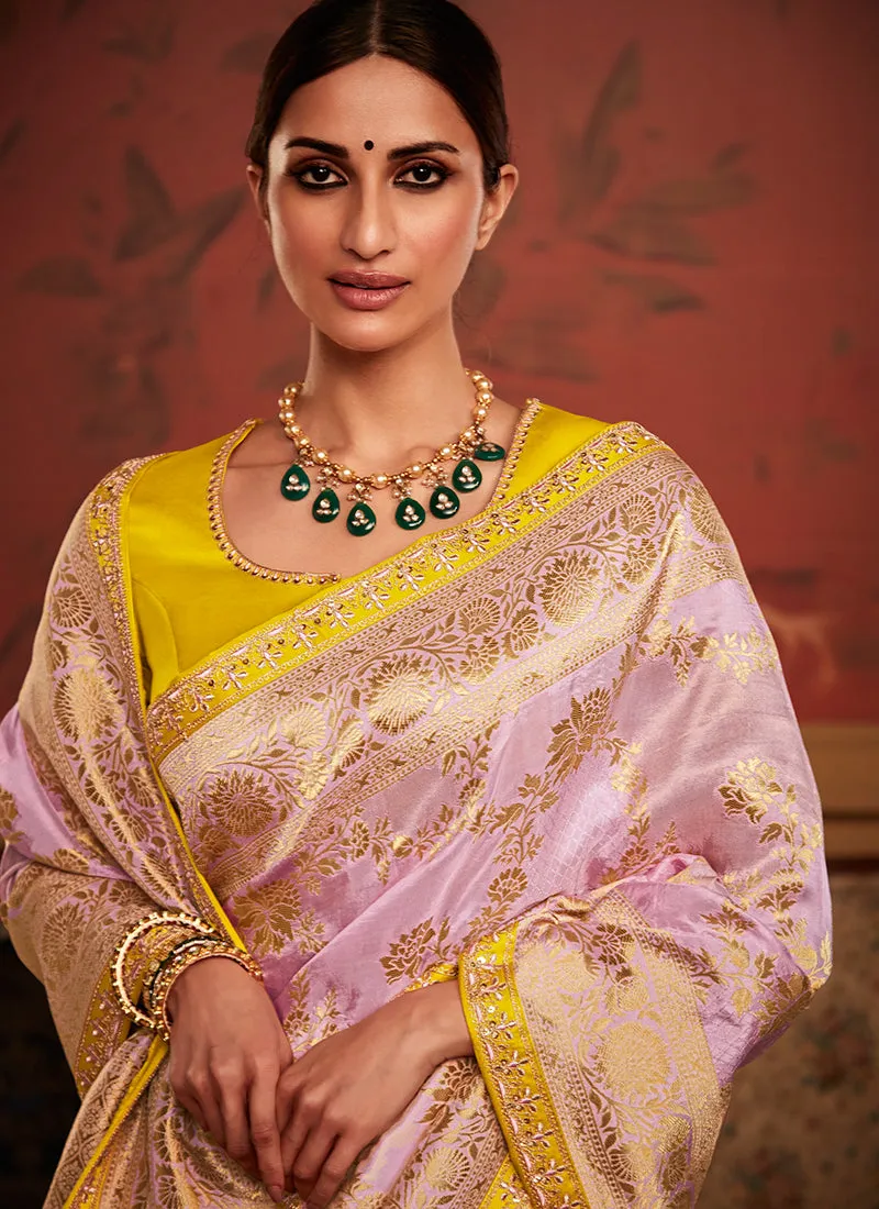 Pink And Yellow Weaved Pure Dola Silk Saree
