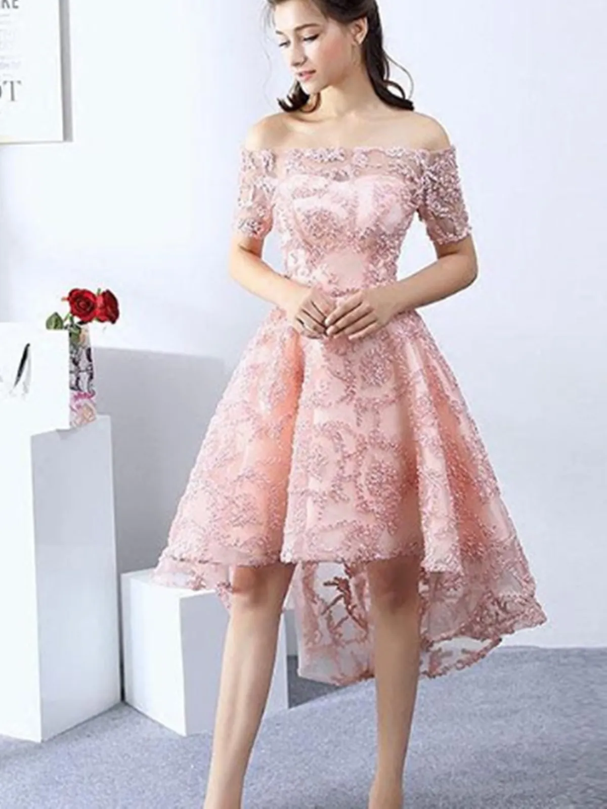 Pink High Low Prom Dress, Short Lace Evening Dress, Homecoming Dress
