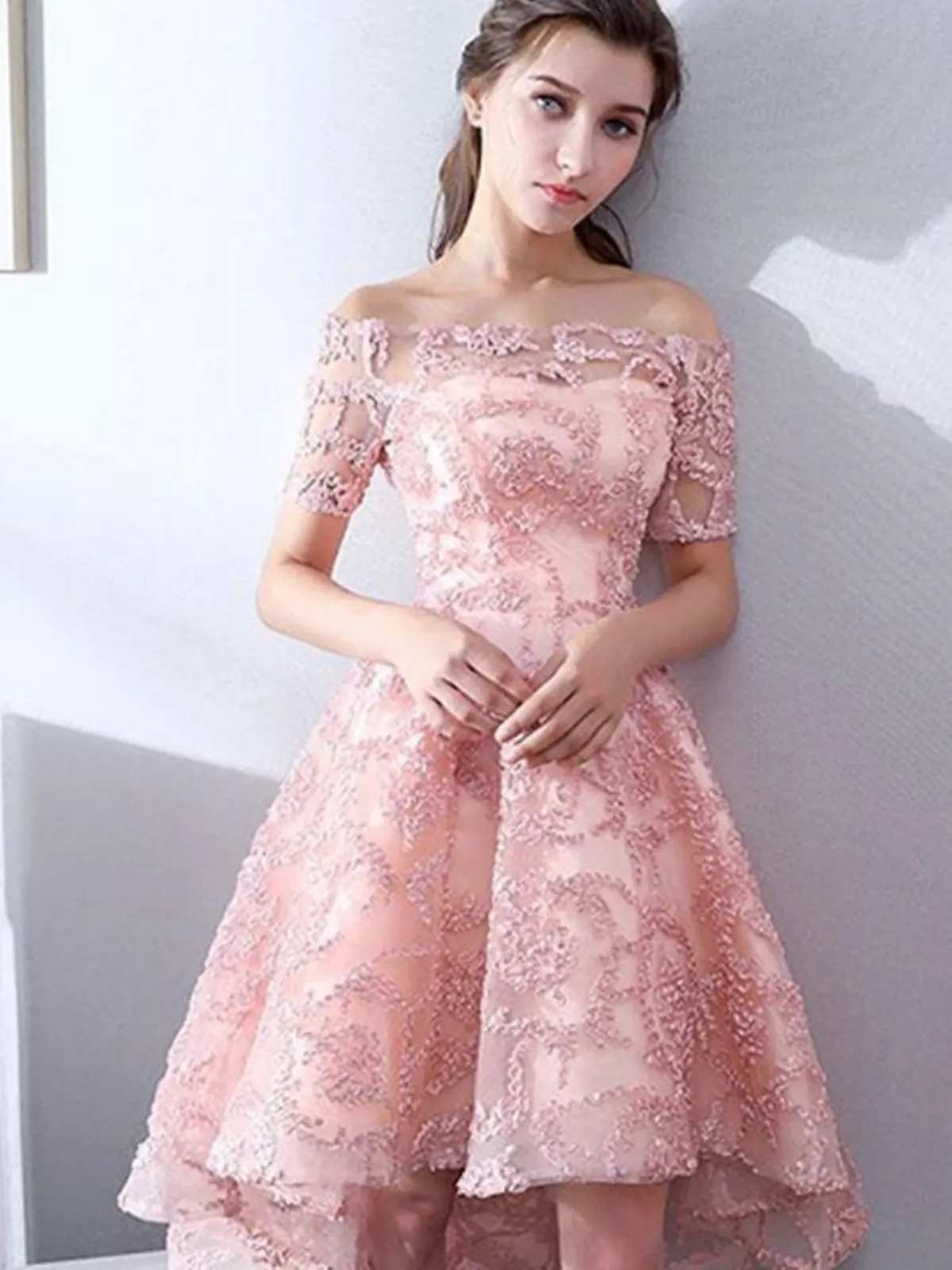 Pink High Low Prom Dress, Short Lace Evening Dress, Homecoming Dress