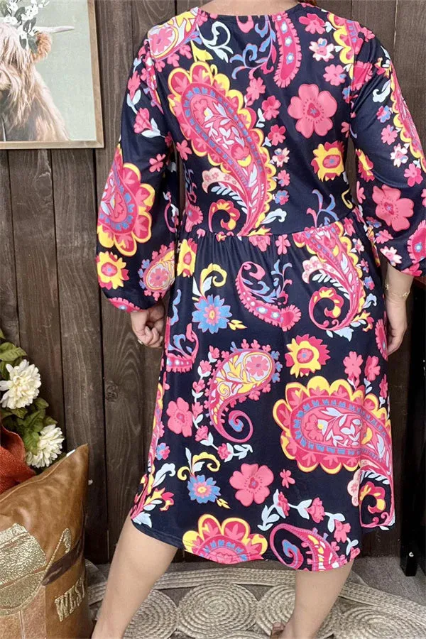 Pink Paisley High Low Navy Dress
