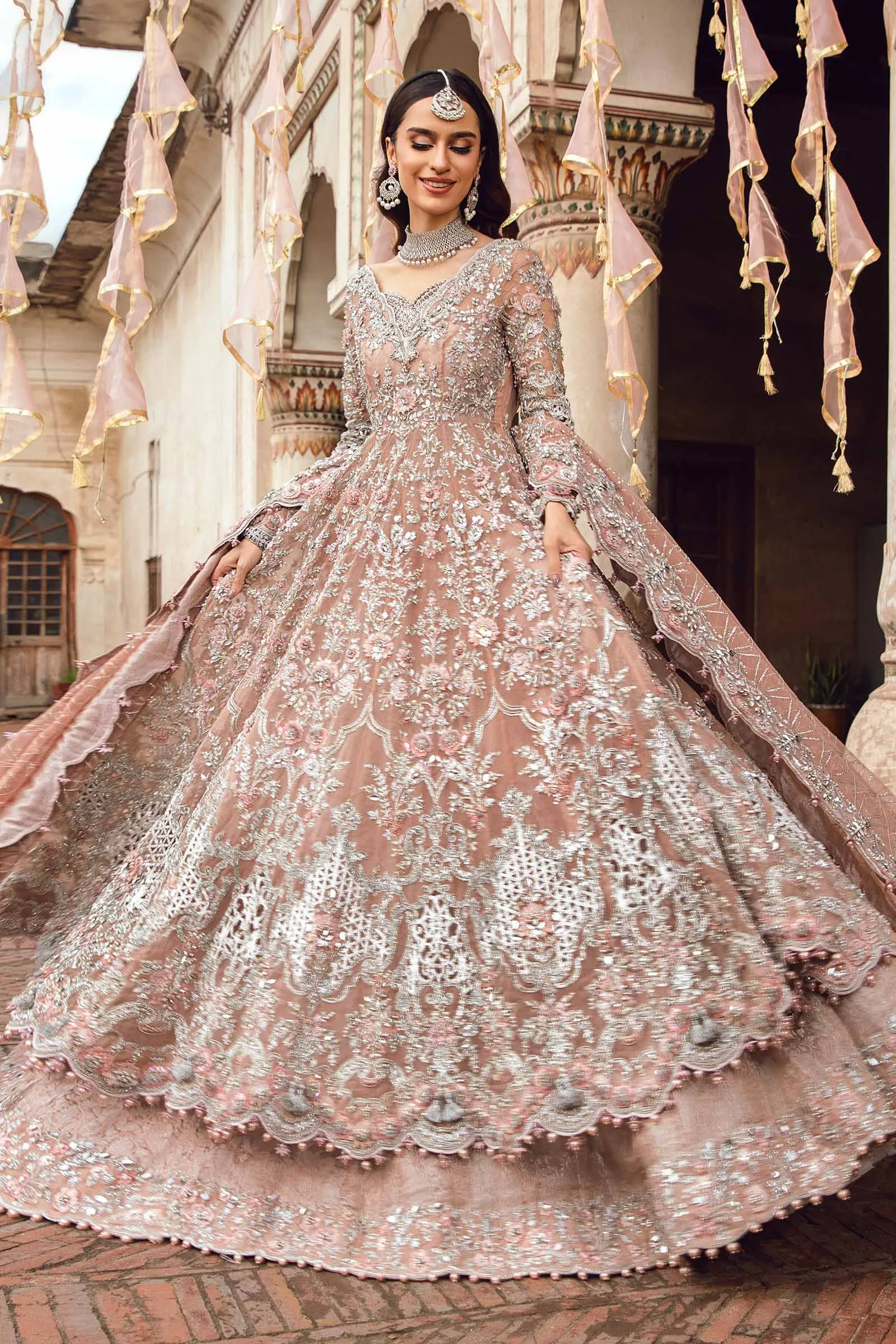 Pink Pakistani Bridal Dress in Frock and Lehenga Style