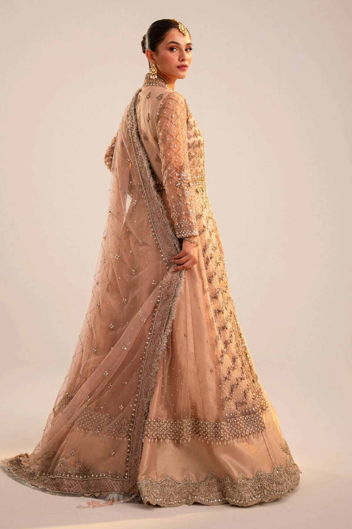 Pink Pakistani Bridal Dress in Open Gown Lehenga Style