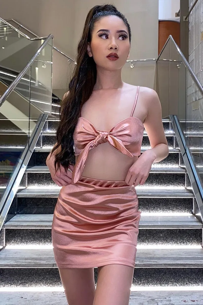 Pink Tie Front Satin Crop Top   Skirt Co-ord - Orla