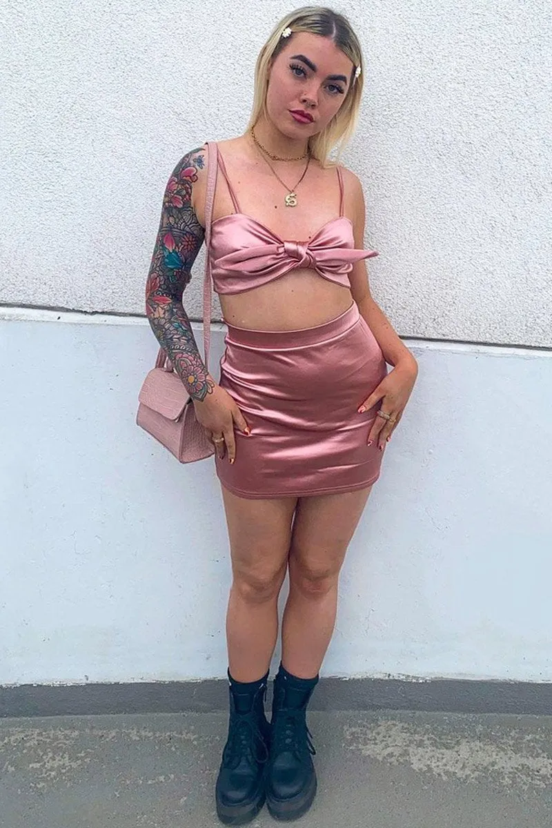 Pink Tie Front Satin Crop Top   Skirt Co-ord - Orla