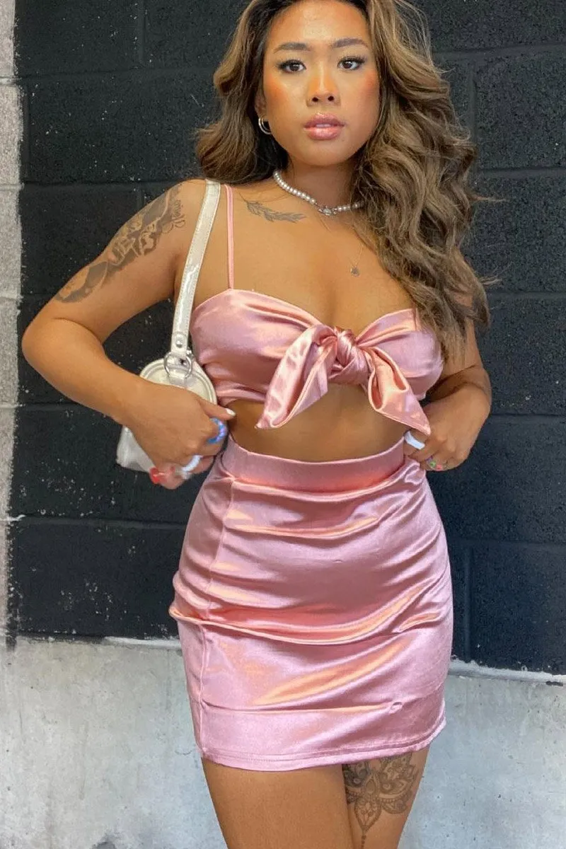 Pink Tie Front Satin Crop Top   Skirt Co-ord - Orla