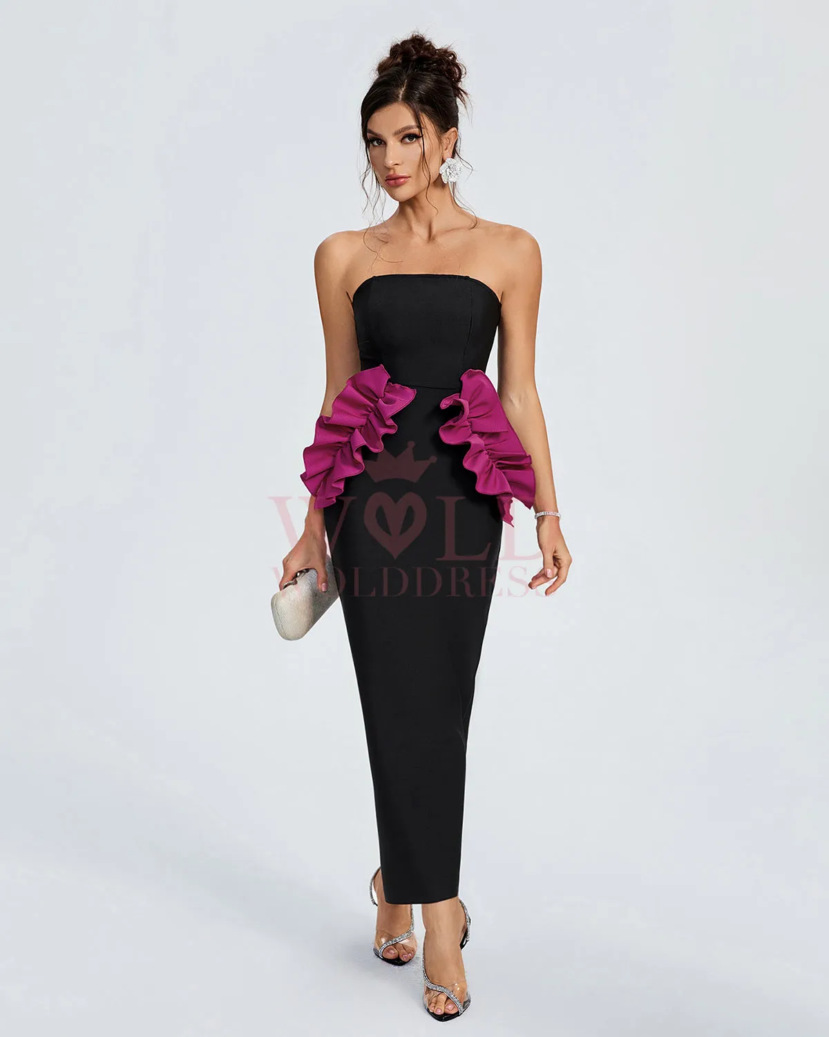 Pleated Ornamented Bandage Long Dress