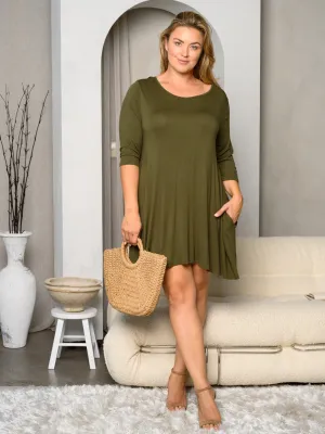 PLUS SIZE 3/4 SLEEVE POCKETS TUNIC MINI DRESS