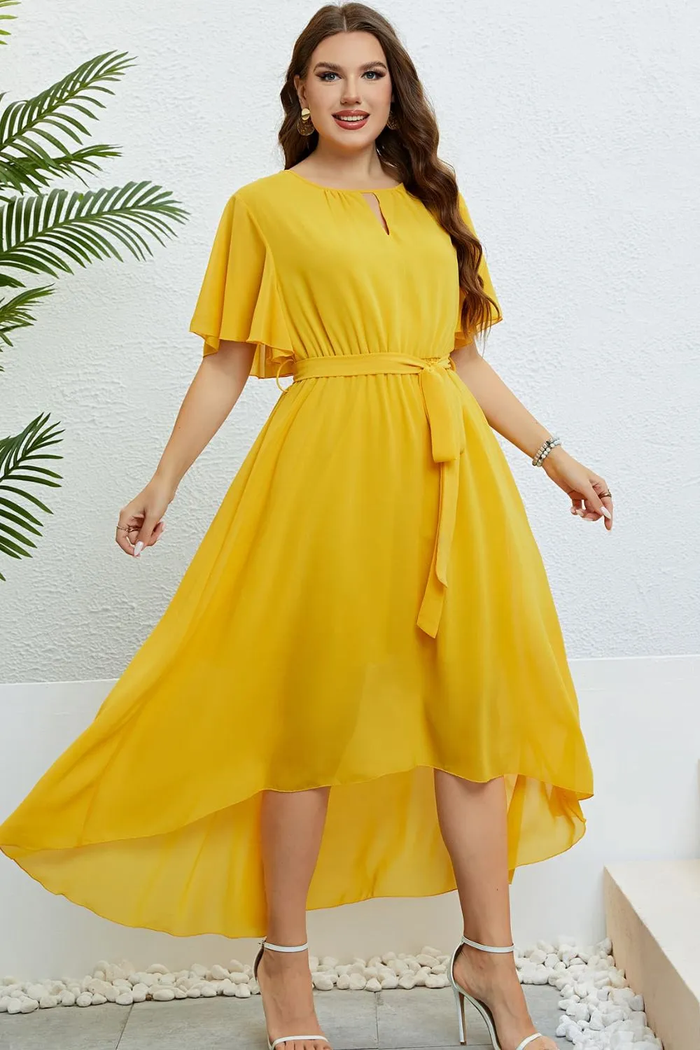 Plus Size Belted High-Low Midi Dress