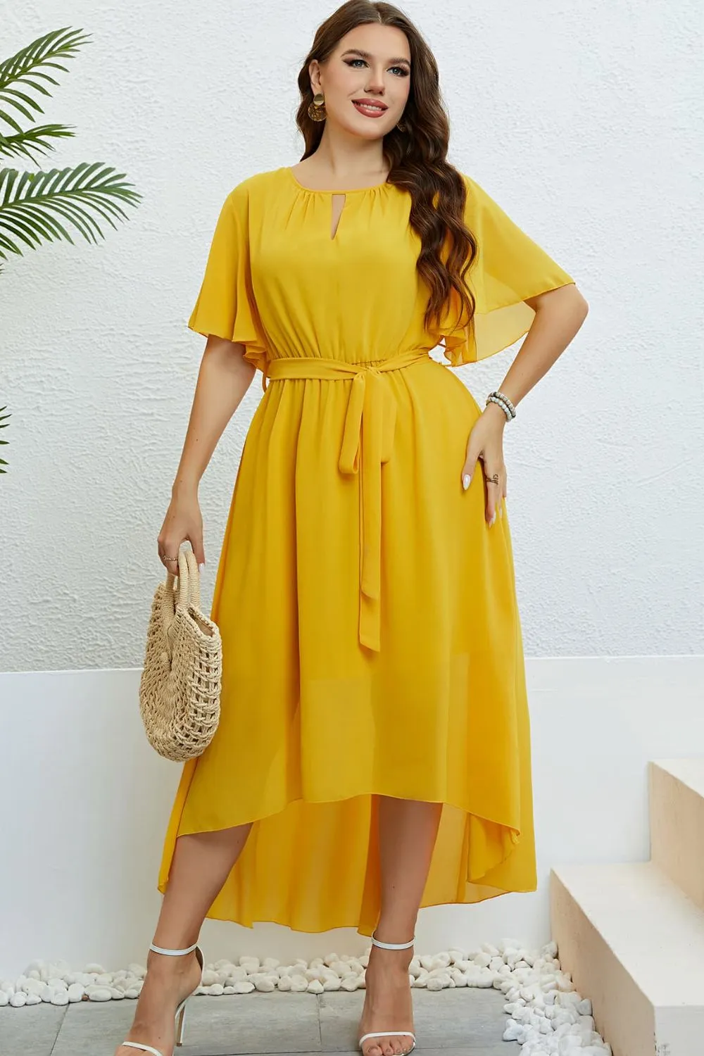 Plus Size Belted High-Low Midi Dress