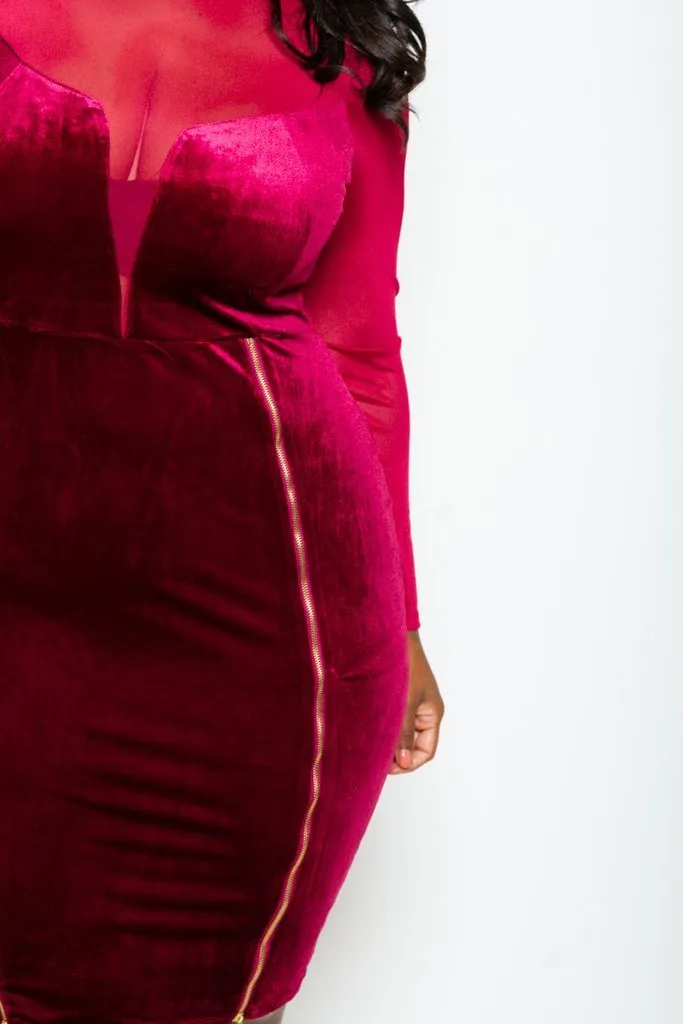 Plus Size Double Zipper Soft Velvet and See Through Mesh Dress