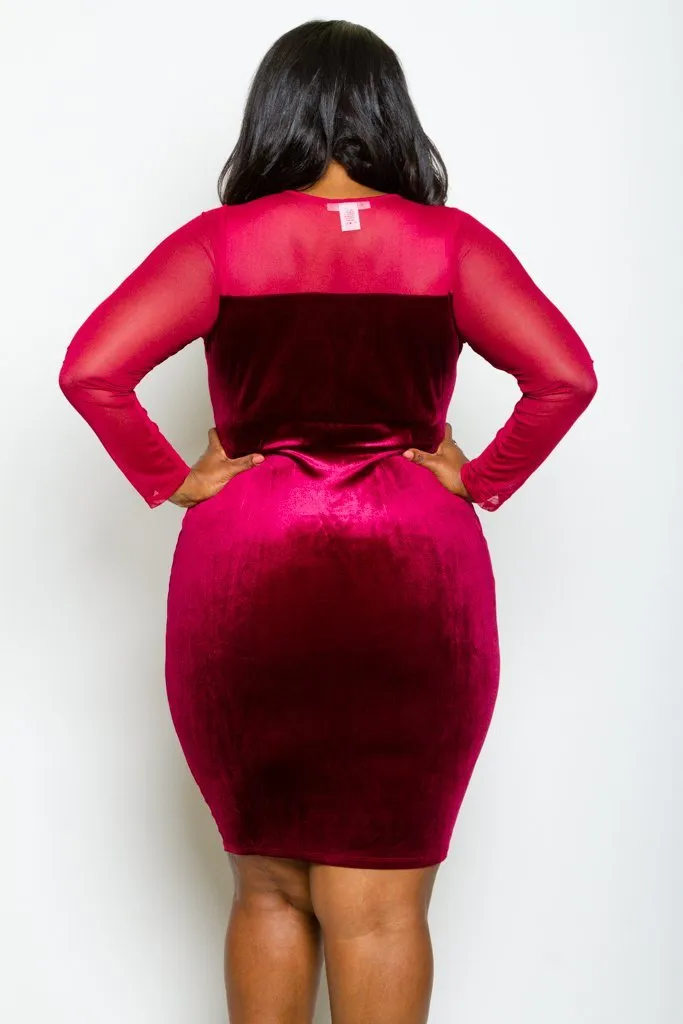 Plus Size Double Zipper Soft Velvet and See Through Mesh Dress