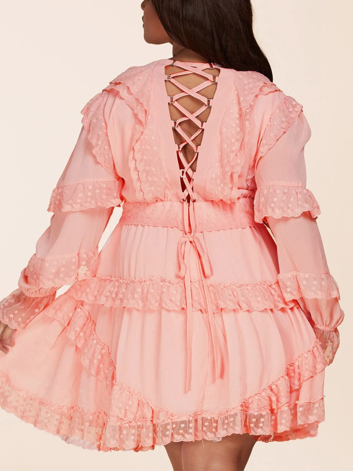 PLUS SIZE LONG SLEEVE V-NECK RUFFLE BACK LACE UP MINI DRESS