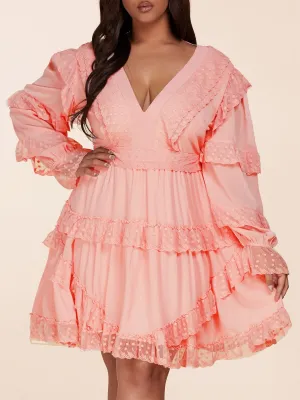 PLUS SIZE LONG SLEEVE V-NECK RUFFLE BACK LACE UP MINI DRESS