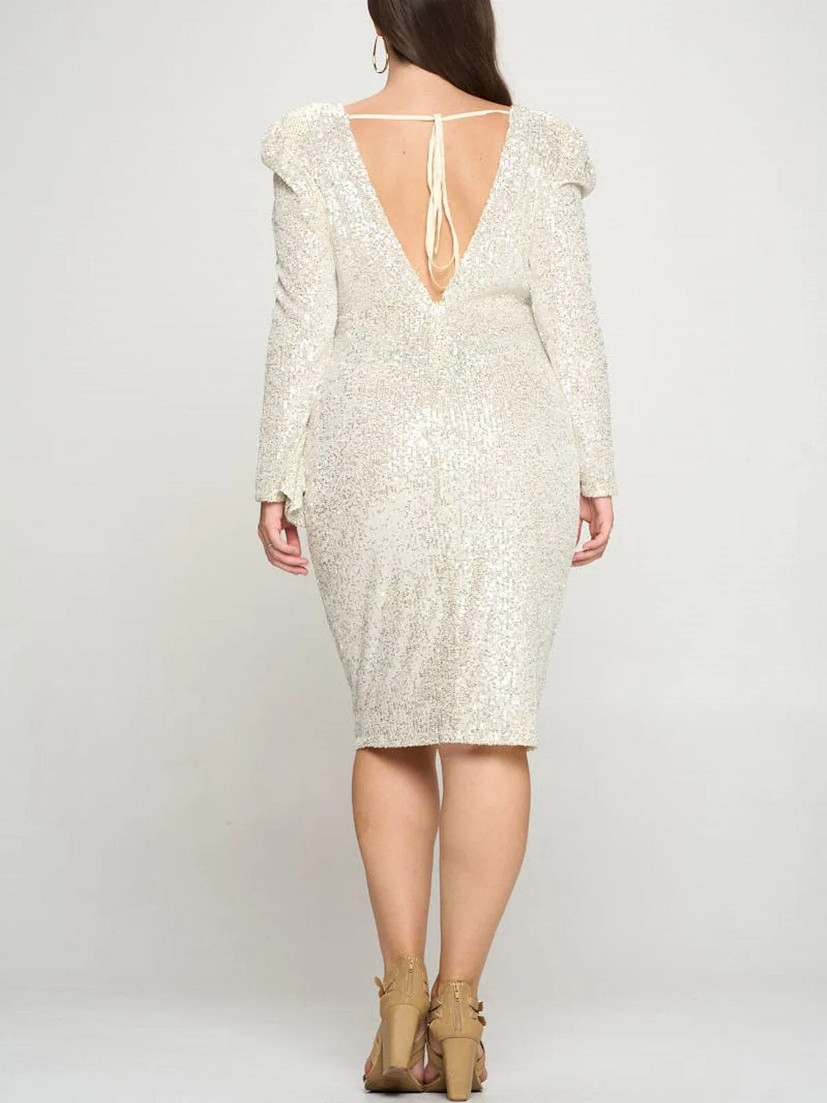 PLUS SIZE LONG SLEEVE V-NECK RUFFLE SEQUIN MIDI DRESS