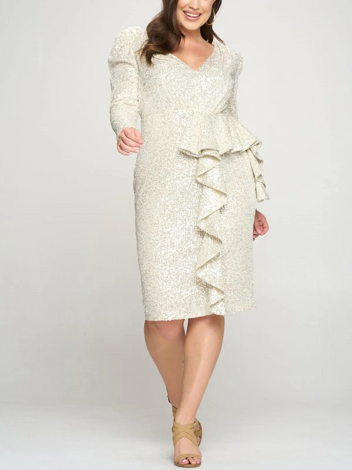 PLUS SIZE LONG SLEEVE V-NECK RUFFLE SEQUIN MIDI DRESS